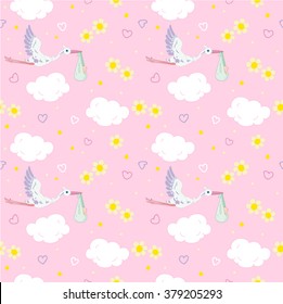 Stork with baby on seamless for textile
