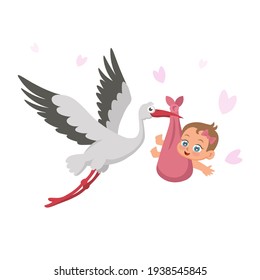 Stork with baby on a white background. Concept of greeting card, baby shower invitation. It's a girl. Vector illustration in cartoon style.