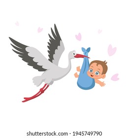 Stork with baby on a white background. Concept of greeting card, baby shower invitation. It's a boy. Vector illustration in cartoon style.