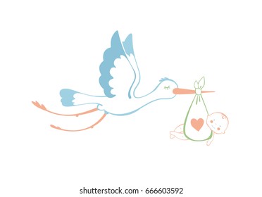 Stork and baby on the white background. Vector illustration.