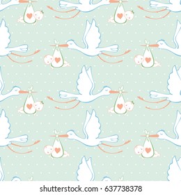 Stork and baby. Seamless pattern. Vector background.