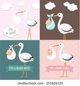 Stork With Baby Set With Gradient Mesh, Vector Illustration