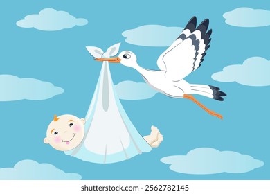 Stork with a baby, stork with a baby, sky with clouds