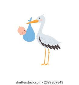 Stork with baby in sling flat vector illustration isolated on white background. Image for birthday and baby arriving theme, baby shower party invitation card.