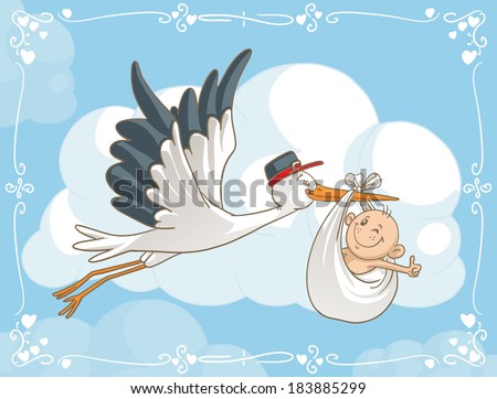 Stork with Baby Vector Cartoon - Vector cartoon of a cute stork carrying a baby to its destination. File type: vector EPS AI8 compatible.  