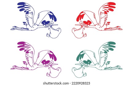 Stork And Baby Vector Illustration. Stork Delivers A Newborn To His Parents
