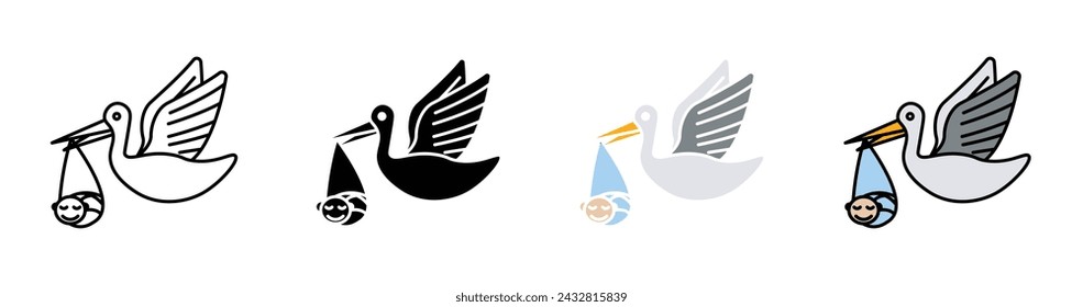 Stork with Baby Vector Illustration Set. New Beginnings Sign suitable for apps and websites UI design style.