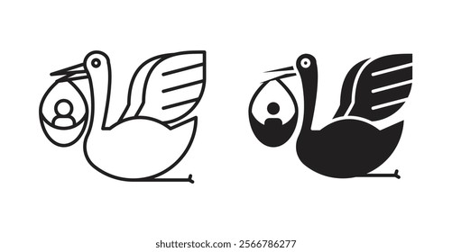 Stork with baby vector line icon illustration