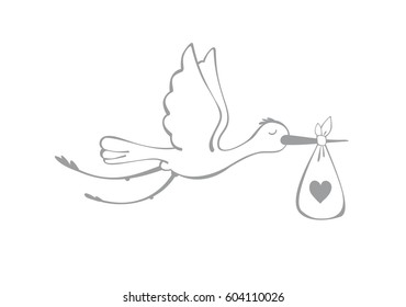 Stork And Baby. Vector Silhouette On The White Background.