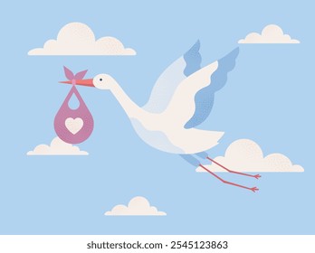 Stork with baby. White bird in sky with bundle with toddler. Adorable stork with newborn. Imagination and fantasy, fairy tale. Flat vector illustration isolated on blue background