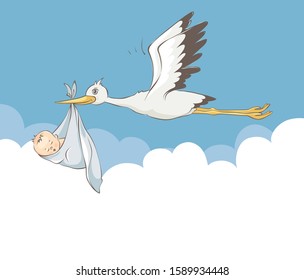 Stork bears baby.	Vector illustration with a newborn child.