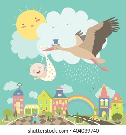 Stork bird with baby