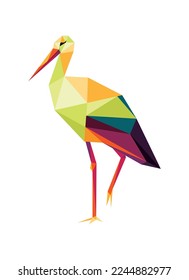 Stork Bird in colorful Polygon low poly. Stork silhouettes colorful Vector Illustration. White Egret colorful logo