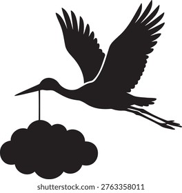 Stork bird flying over clouds black vector illustration