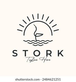 stork bird line art logo vector minimalist illustration design, stork with nature view logo design