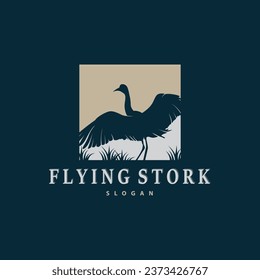 Stork Bird Logo, Heron, Grass, And River Design, Vector Simple Template illustration