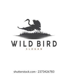 Stork Bird Logo, Heron, Grass, And River Design, Vector Simple Template illustration