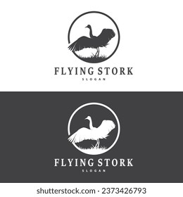 Stork Bird Logo, Heron, Grass, And River Design, Vector Simple Template illustration