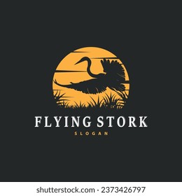 Stork Bird Logo, Heron, Grass, And River Design, Vector Simple Template illustration