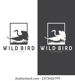 Stork Bird Logo, Heron, Grass, And River Design, Vector Simple Template illustration