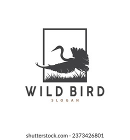 Stork Bird Logo, Heron, Grass, And River Design, Vector Simple Template illustration