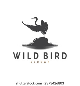 Stork Bird Logo, Heron, Grass, And River Design, Vector Simple Template illustration