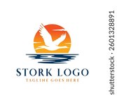 Stork Bird Logo, River lake Sunset logo design Design, Vector Simple Template illustration