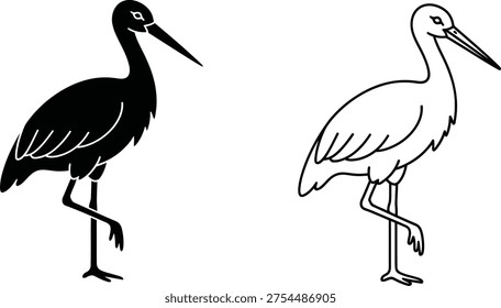 Silueta de pájaro de cigüeña y Vector de contorno conjunto de iconos Vector