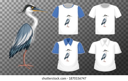 Stork bird in stand position cartoon character with many types of shirts on transparent background illustration