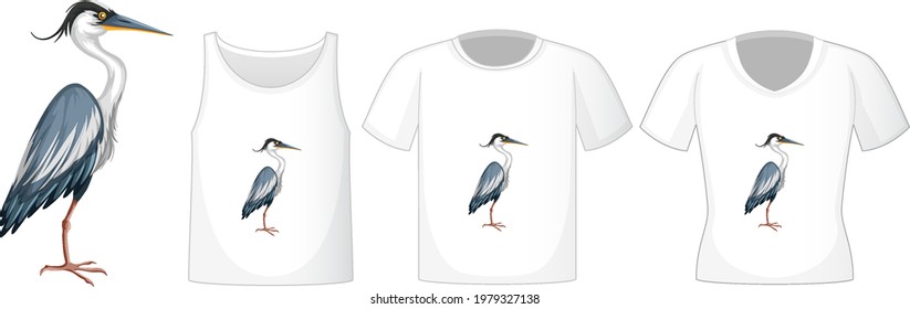 Stork bird in stand position cartoon character with many types of shirts on white background illustration