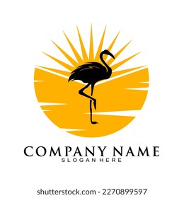 Stork bird and sunrise vector logo
