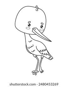 Stork bird. Vector illustration. Outline cartoon kawaii character. Line drawing, coloring book. Vector illustration. Kids collection