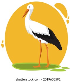 stork bird walking with orange background illustration