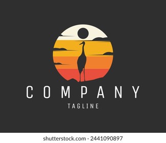 stork with black moon. isolated on a black background looking from behind looking at the beautiful sunset. best for logo, badge, emblem, icon, sticker design. available in eps 10