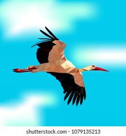 Stork in the blue sky, colored mosaic of a bird on a blue background
