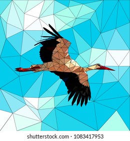 Stork in the blue sky, colored mosaic with contour of a bird on a blue background