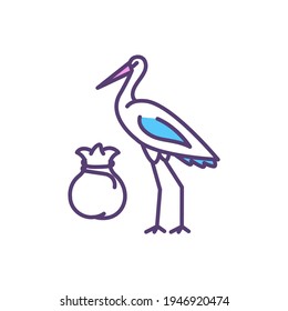 Stork Bringing Baby RGB Color Icon. Birth And New Life Symbol. Childbirth. Newborn Babies. Age-appropriate Reproduction Education. Home And Protection Symbolization. Isolated Vector Illustration