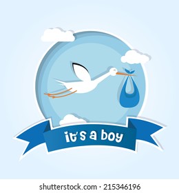 Stork bringing a child into the world. Male child card