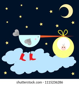 stork bringing children. baby shower. good night. girl or boy