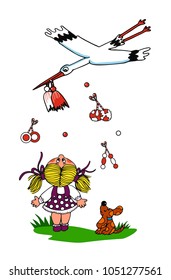 The stork is bringing Martenitsa to the girl and her dog. Martenitsa is a small piece of adornment, made of white and red yarn. It`s  Bulgarian tradition related to welcoming of the spring. 