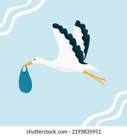 The stork brings the baby. The stork bird flies with the baby. The birth of a boy. Flat style vector illustration