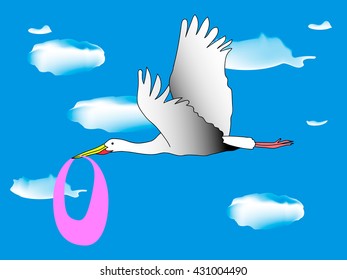 Stork brings the baby in diaper