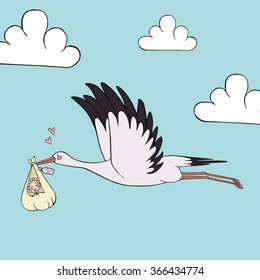 Stork brings baby hand drawn illustration. Vector