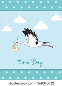 The stork brings the baby hand drawn. Happy Birthday. It's a boy illustration . Vector