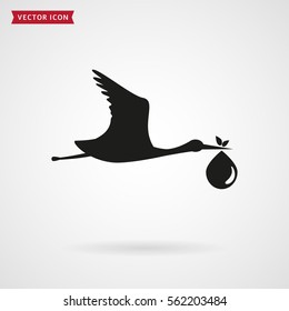 The stork brings the baby. Icon isolated on white background. Child birth concept. Vector illustration