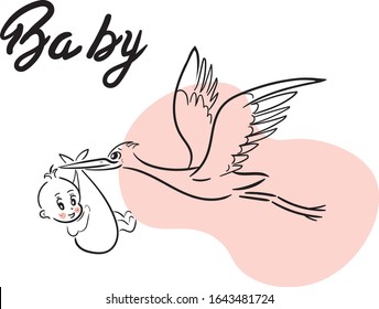 Stork brings baby silhouette  isolated on white background. Baby shop emblem, baby care, happy motherhood sign, symbol. Vector flat illustration.