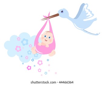 Stork brings baby, vector illustration