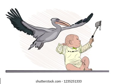 stork brought the baby. selfie from birth. children and gadgets. Vector illustration on white isolated background. sketching style by hand