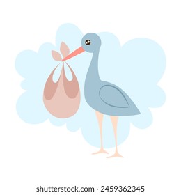 Stork trajo un bebé recién nacido. Ilustración vectorial sobre fondo blanco para el diseño de tarjetas, carteles, pegatinas, pegatinas.