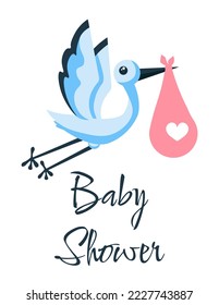 Stork with bundle. Bird delivers baby, symbol of birth. Greeting or invitation card design. Poster or banner for website. Care, tenderness. Childhood and parenthood. Cartoon flat vector illustration